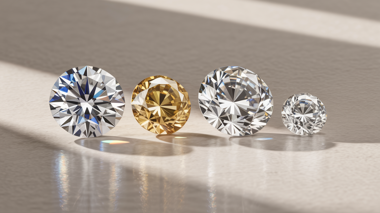 Four diamonds showing variations in cut, color, clarity, and carat.