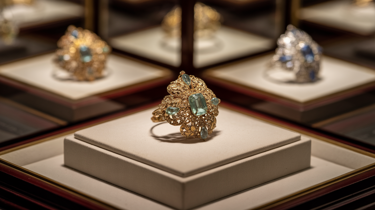 Elegant jewellery piece in a display case, highlighting craftsmanship and detail.