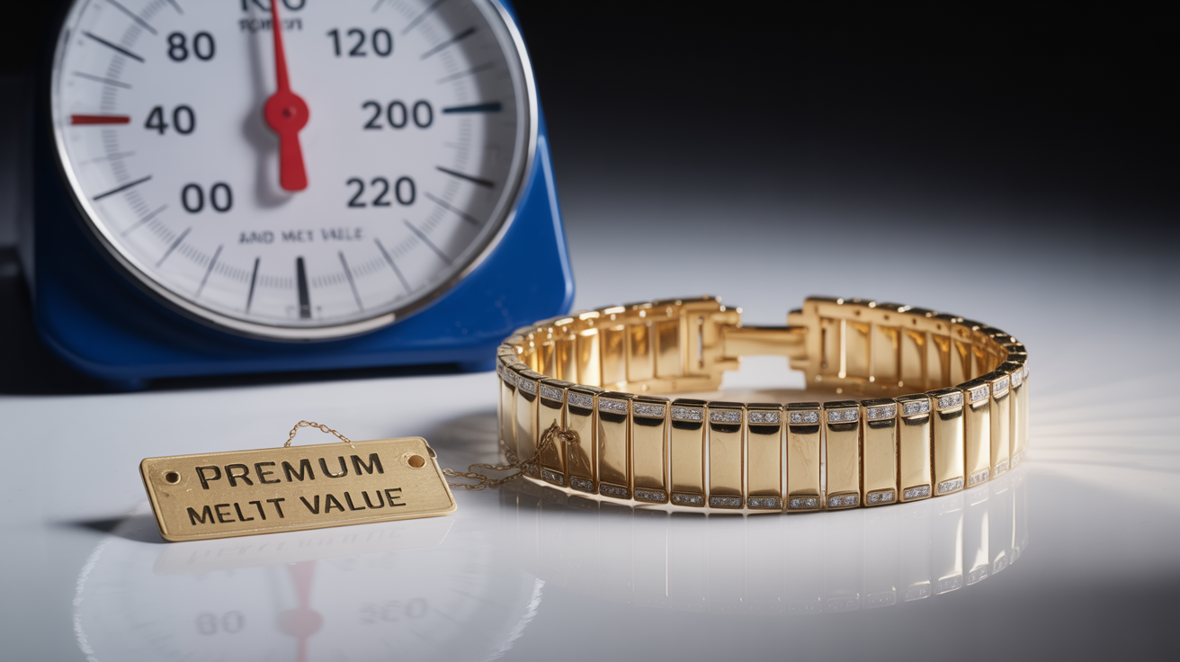 18ct gold bracelet with scale and price tag showing premium value.