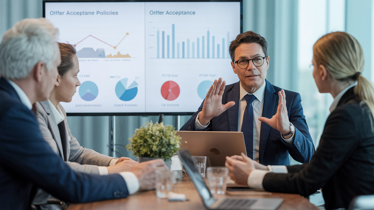 Buyer in a meeting room discussing diamond offer policies with charts in the background.