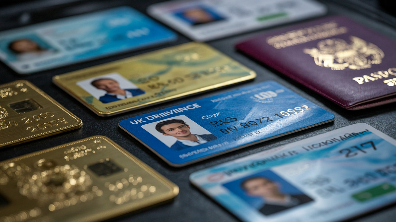 UK driving licence and passport on a desk, close-up view.