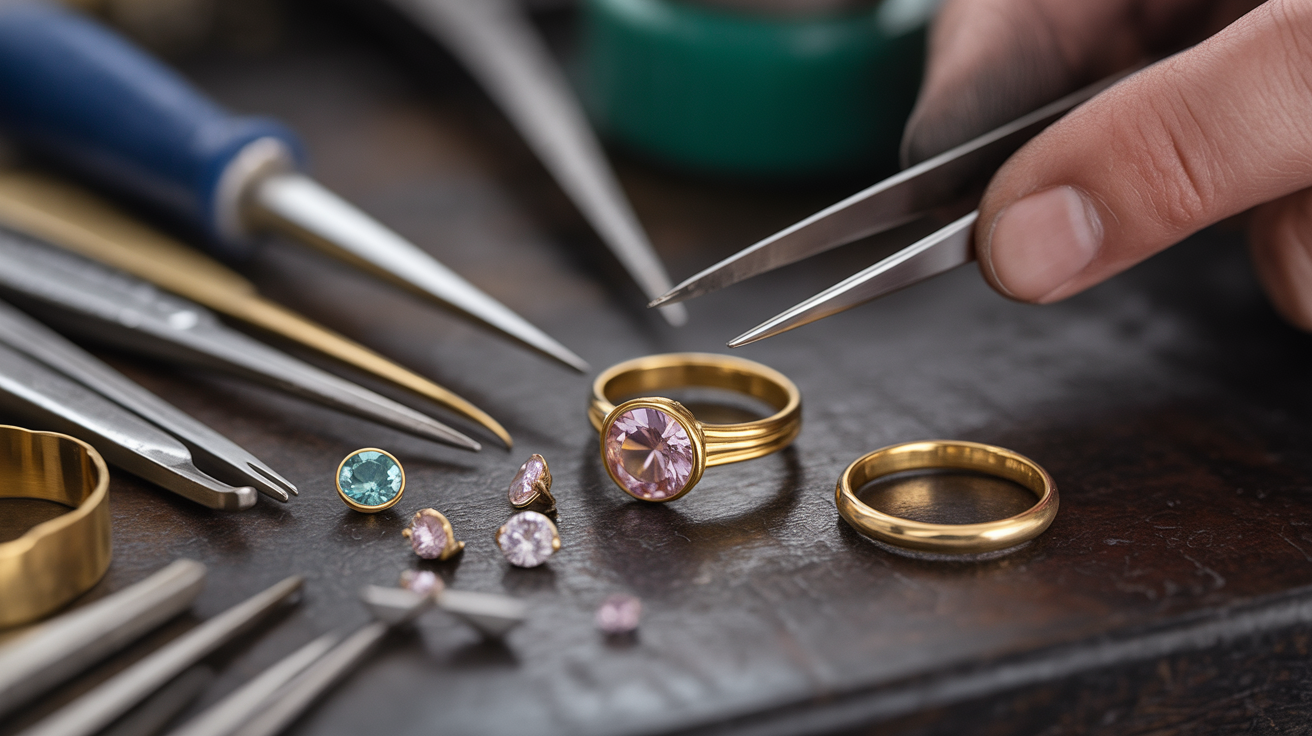 Jeweler removing gemstones from a gold ring in a detailed workspace.