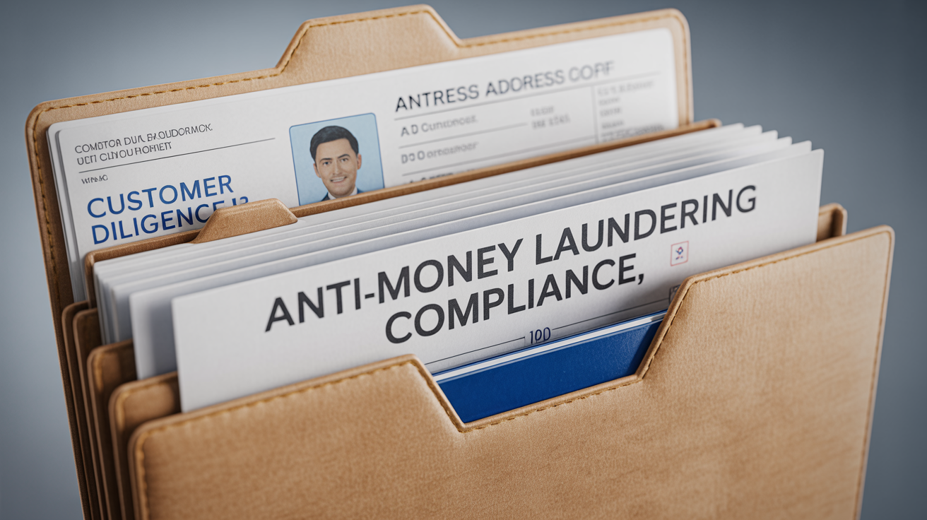 Folder labeled 'Anti-Money Laundering Compliance' with ID and address proof.