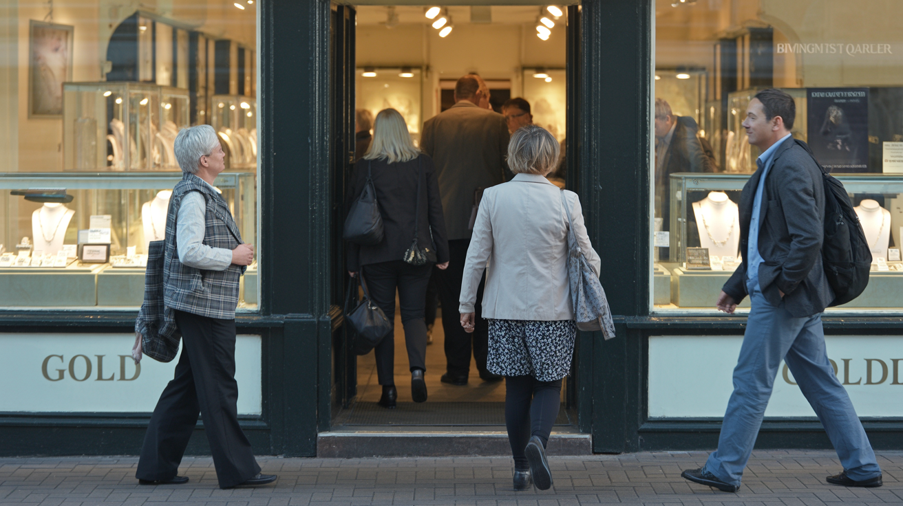 Customers entering a gold dealer shop in Jewellery Quarter.