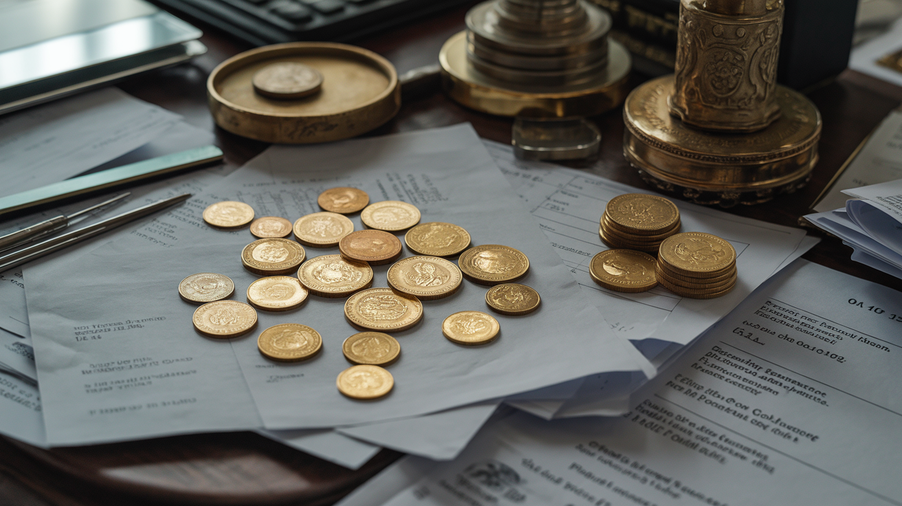 Appraisal documents and receipts on a desk for gold coins.