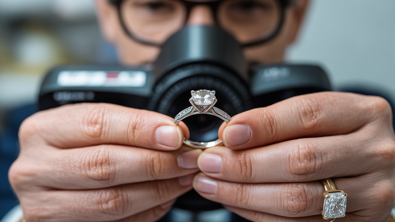 Appraiser photographing a diamond ring, documenting condition thoroughly.