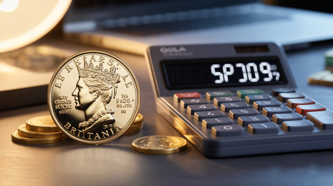 Gold Britannia coin next to calculator showing gold price.