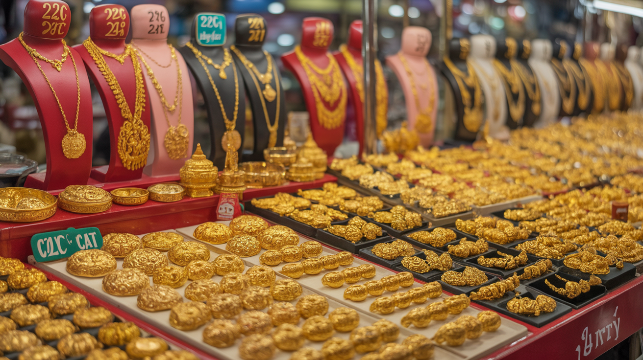 Asian market with gold jewelry labeled 22ct and 24ct, vibrant setting.