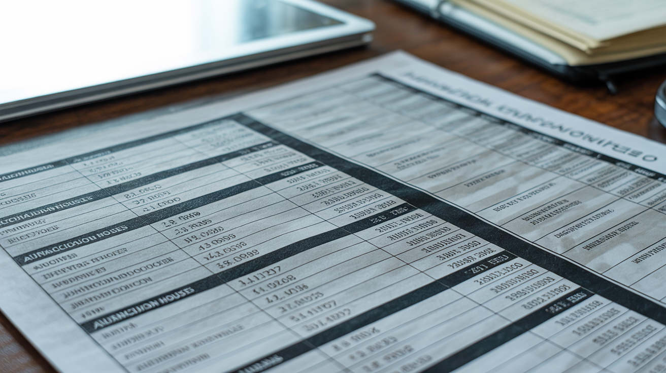Financial document with auction house fees on wooden desk.