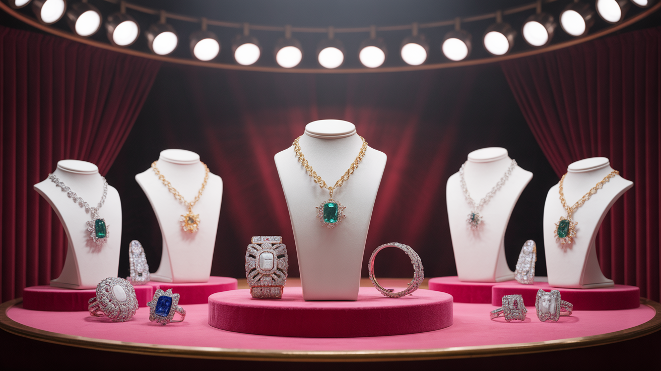 Auction house setting with jewelry pieces on stage.