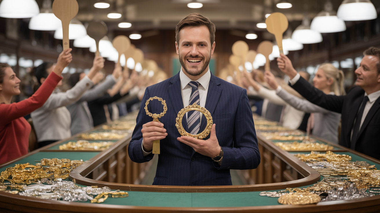 Auctioneer with gold jewellery, bidders raising paddles at auction.