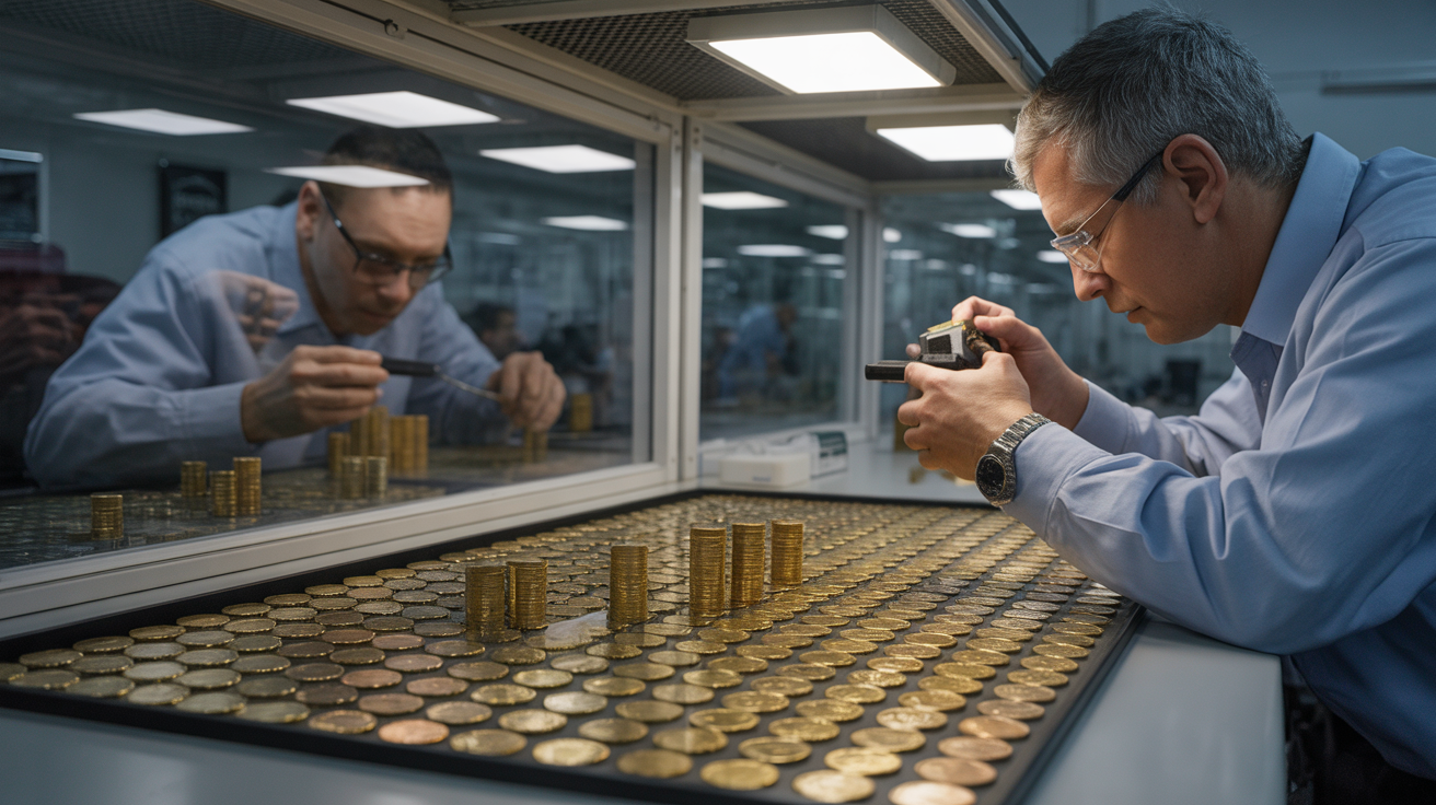 Graders examining gold coins under magnification in a facility.
