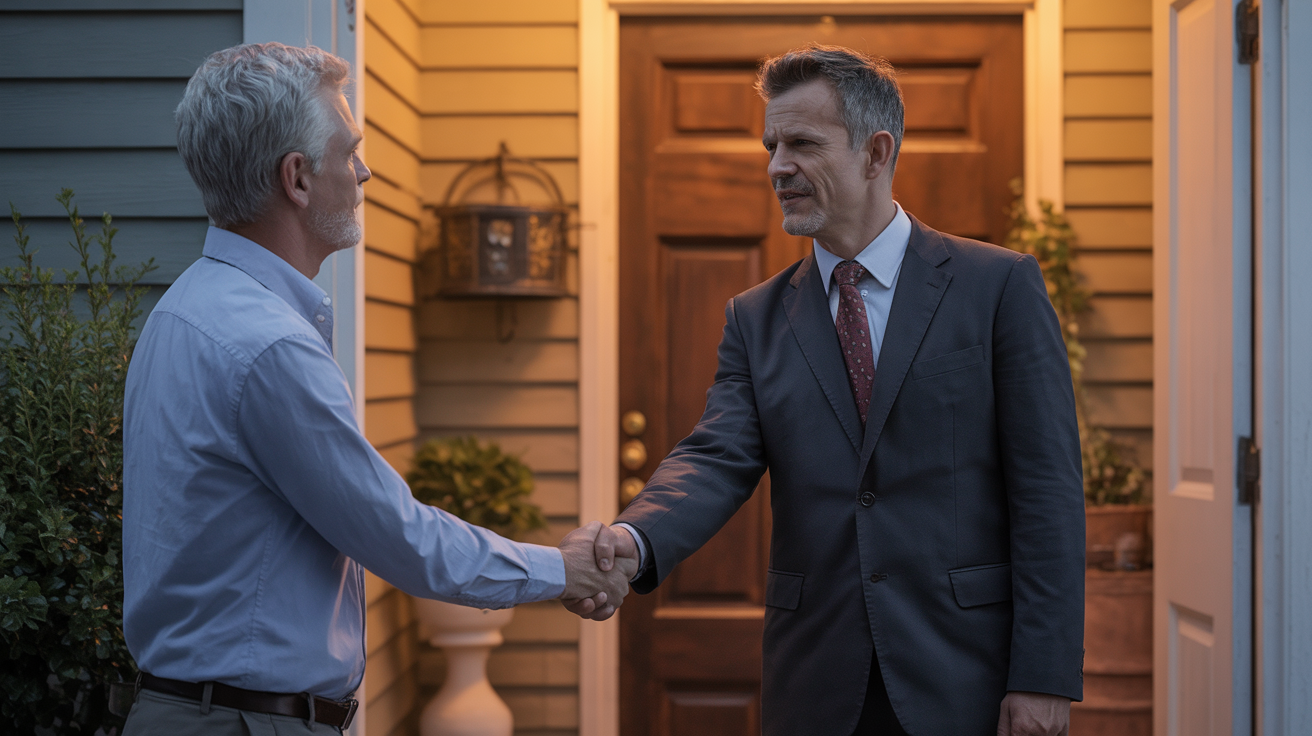 Door-to-door salesman at a doorstep with a cautious homeowner.
