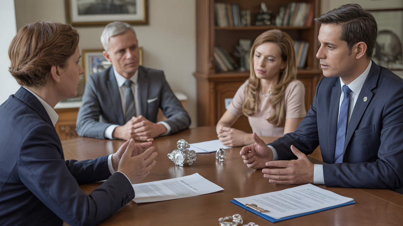 Executor discussing jewellery sale with beneficiaries in meeting room.