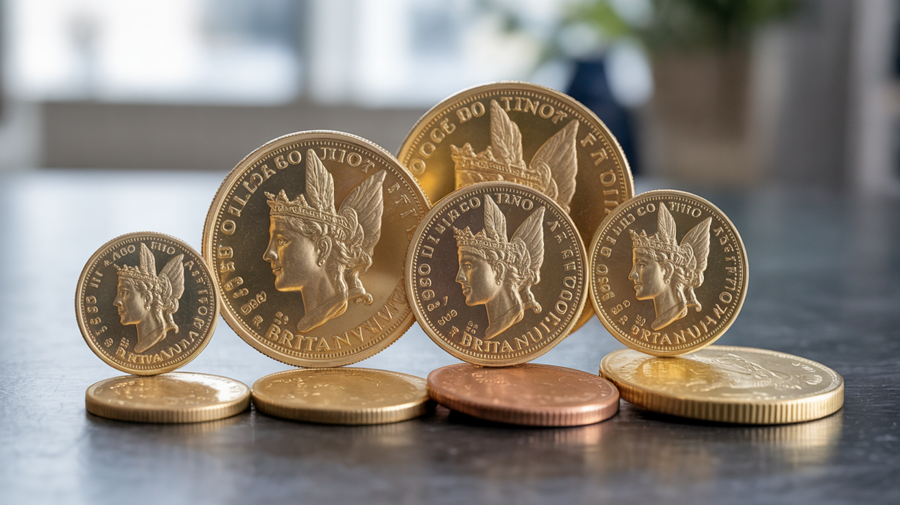 Various sizes of Gold Britannia coins on a table, showing face values.