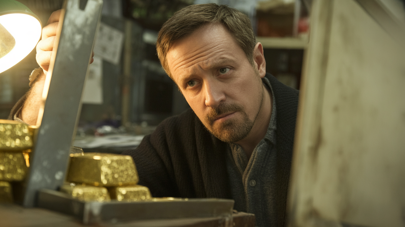 Suspicious gold buyer in cluttered, dimly lit office, glancing nervously