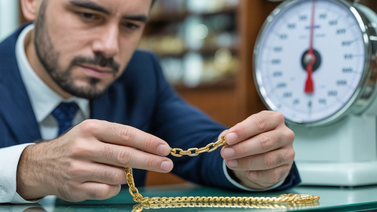 Buyer inspecting gold chain's hallmarks with scale in the background.