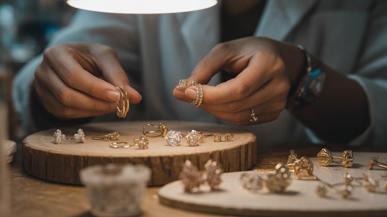 Specialists handling delicate gold earrings in a workshop.