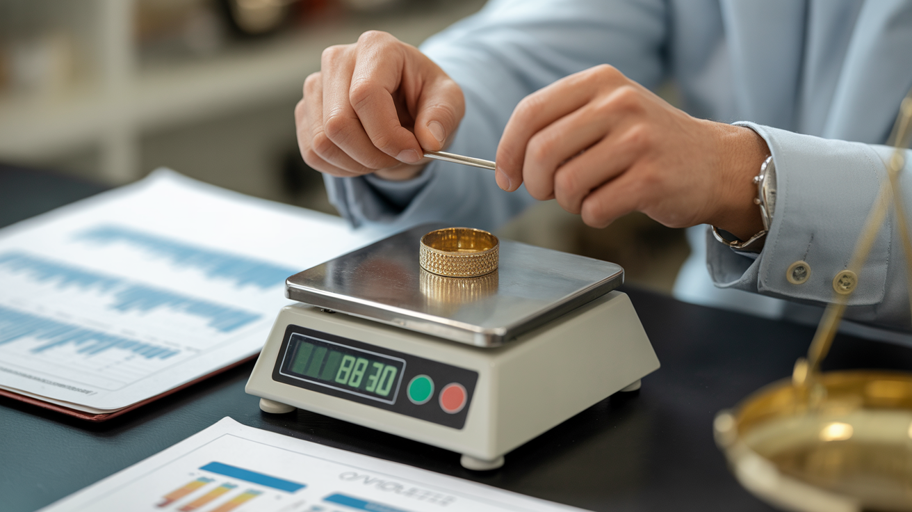 Gold buyer weighing jewellery on certified scales.