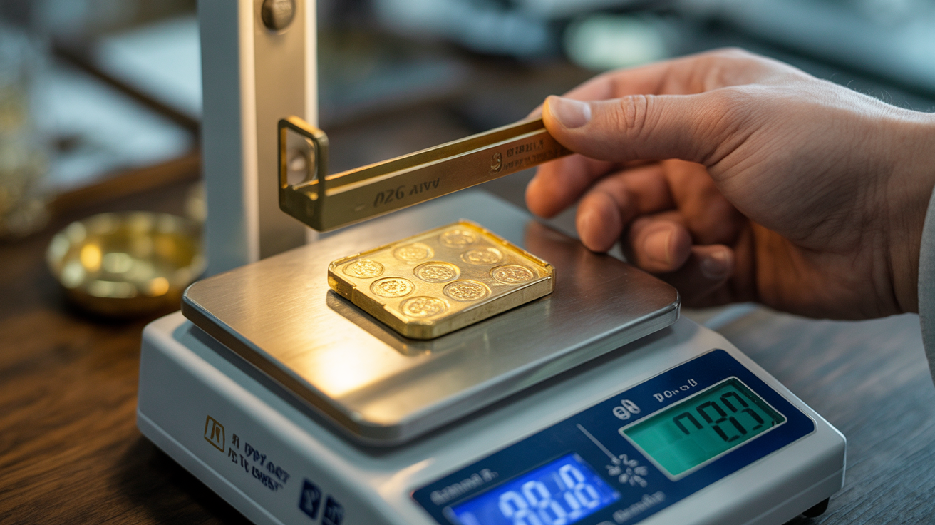 Digital scales measuring gold jewelry with visible hallmarks.