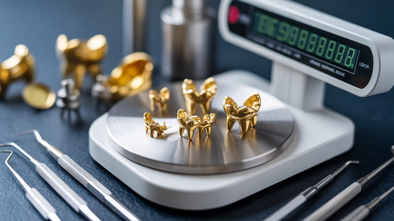 Precision scale weighing dental gold pieces with testing tools nearby.