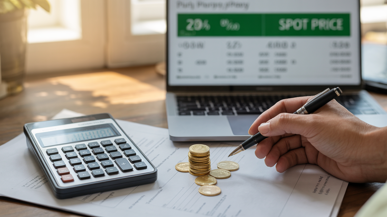 Calculator and papers with gold price calculations on a desk.