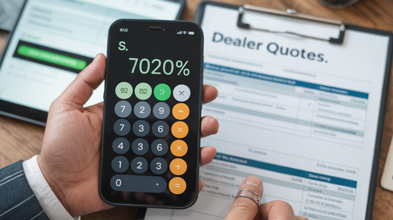 Calculator results and dealer quotes with percentage deductions shown.