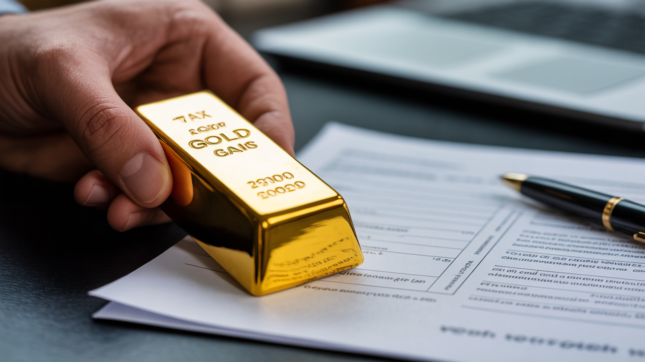 Hand holding gold bar with tax document in background.