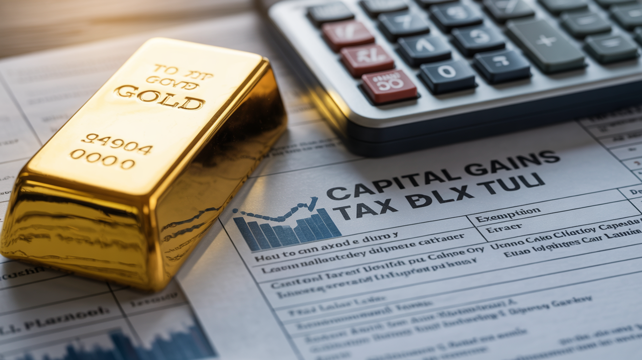 Gold bar with a calculator and document on capital gains tax rules.
