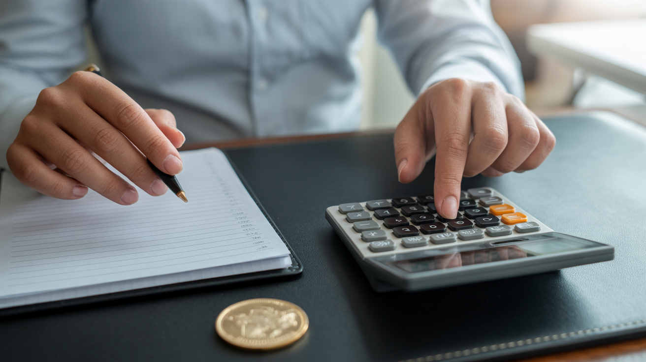 Person calculating capital gains with a calculator and notepad, Krugerrand nearby.