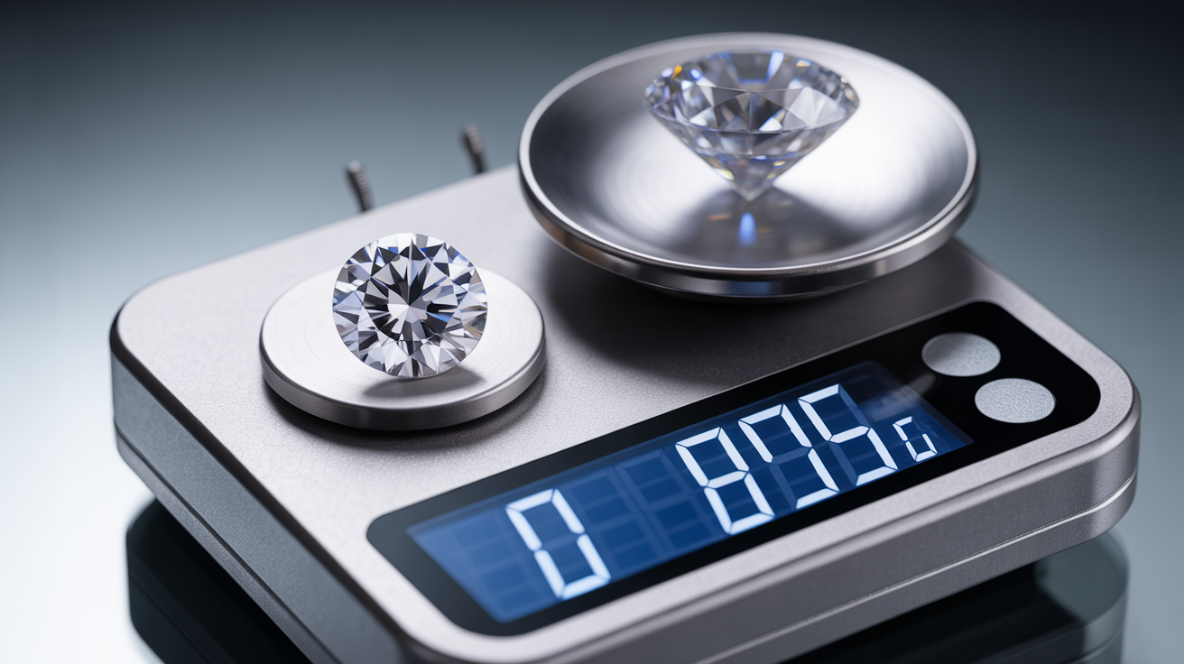 Diamond on a digital scale showing carat weight measurement.