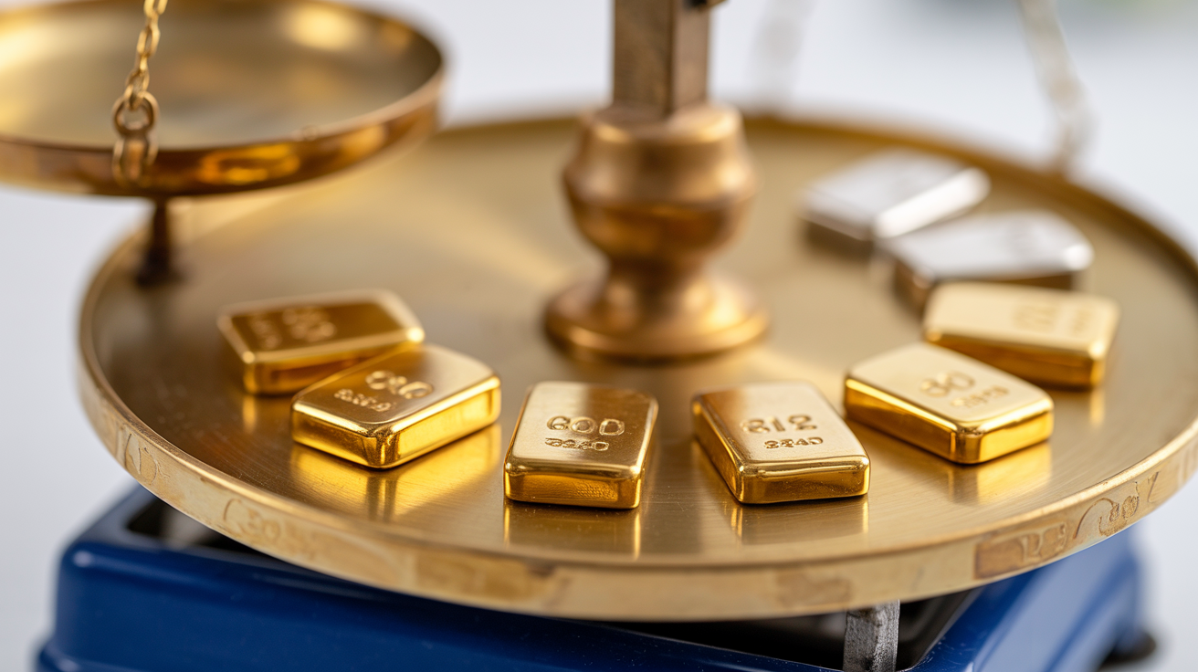 Jeweler scale with different carat gold pieces, showing price determination.
