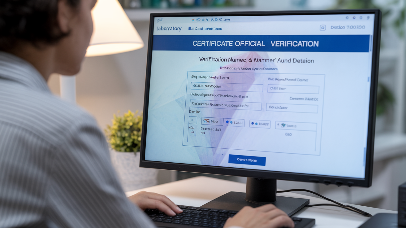 Person verifying diamond certificate online, entering details on a computer.