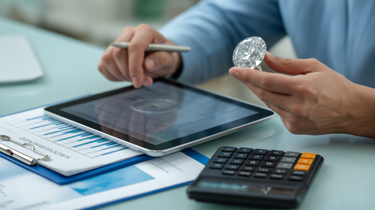 Jeweler analyzing diamond certification costs using a digital tablet.