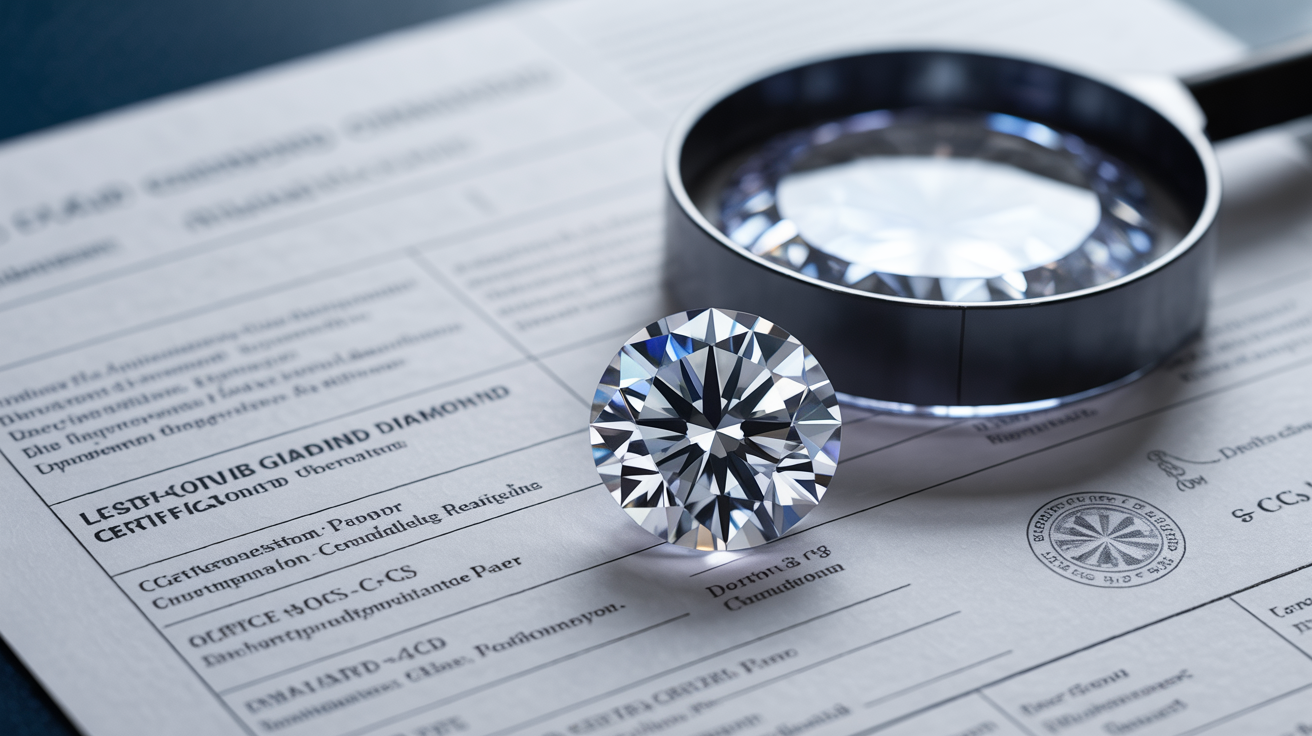 Diamond grading report next to a certified diamond under magnification.