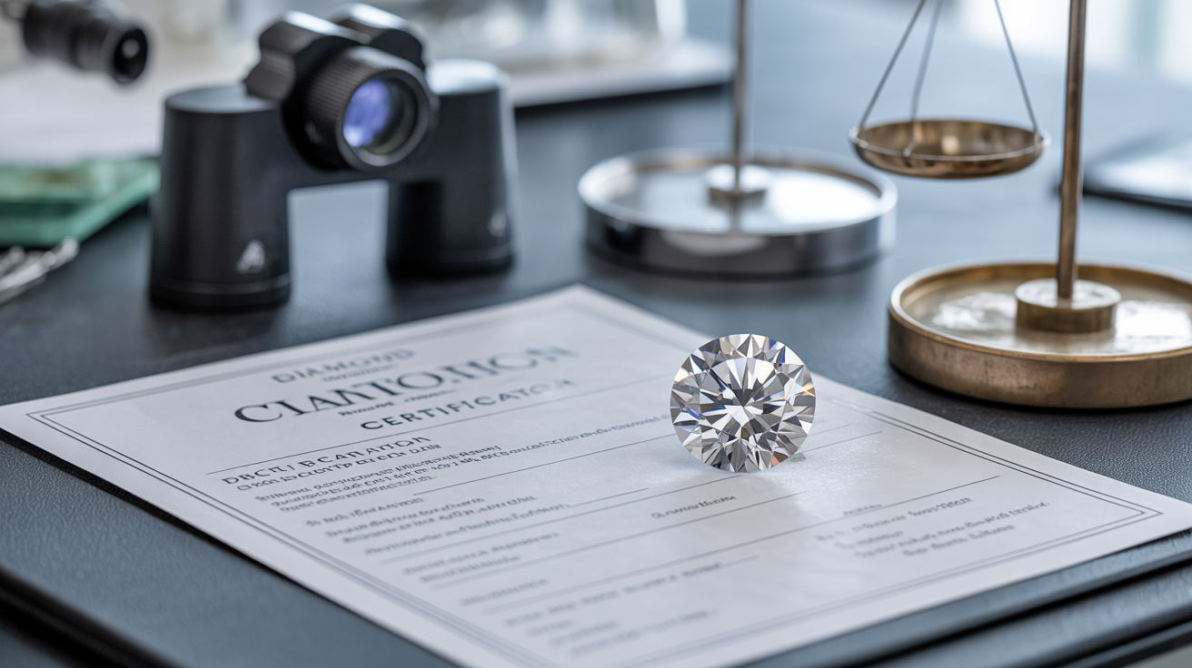 Jeweler's workspace with diamond and certification document.