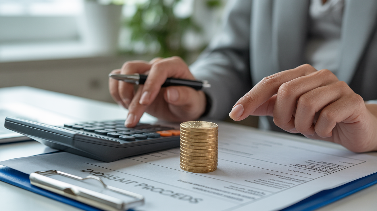 Person with calculator and gold coin on table for tax calculation.
