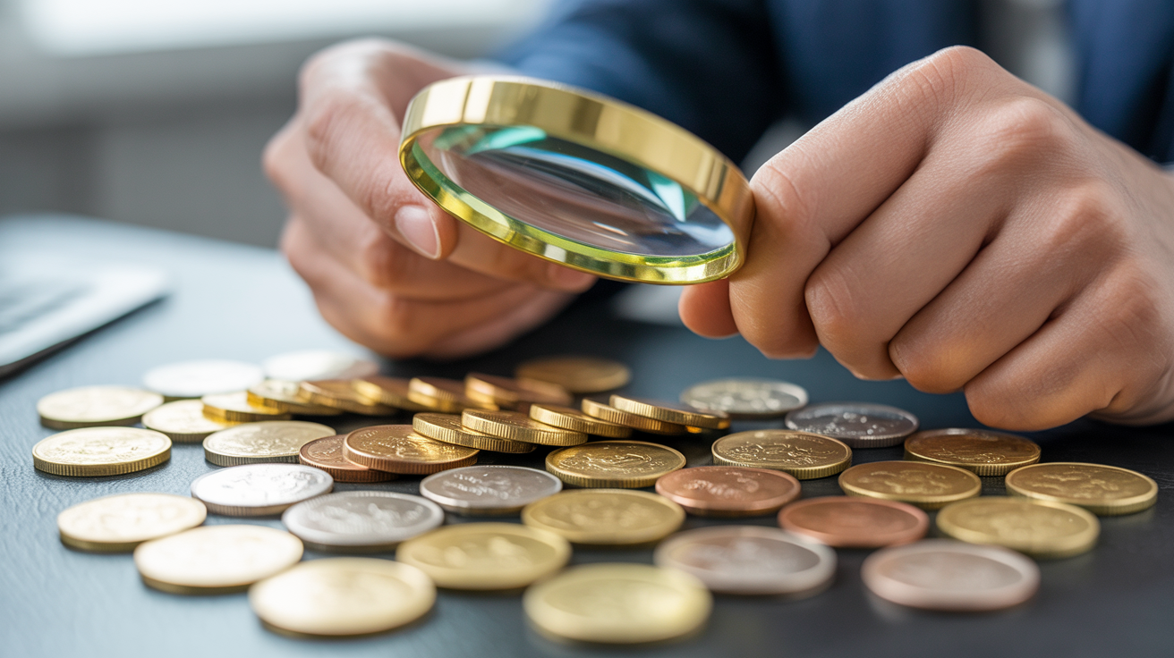 Person examining gold coins with a magnifying glass on a table.