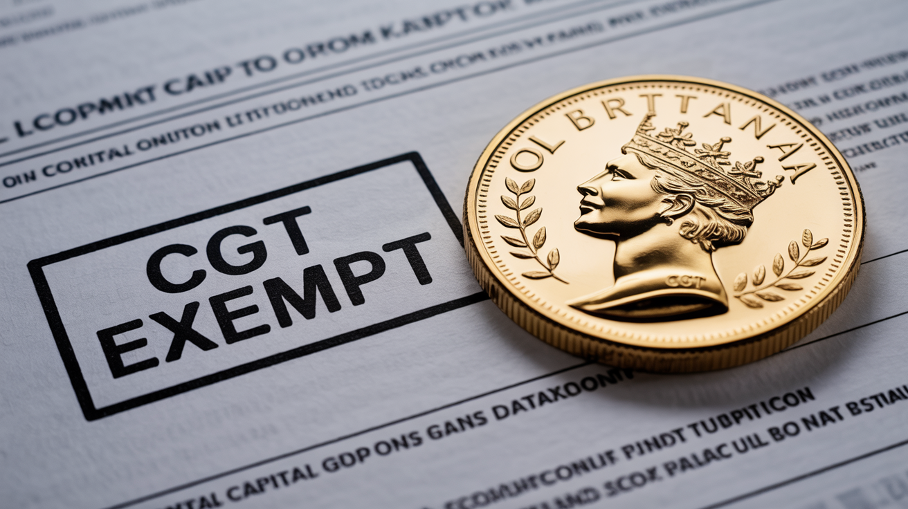 Gold Britannia and document showing CGT exemption, focused lighting.