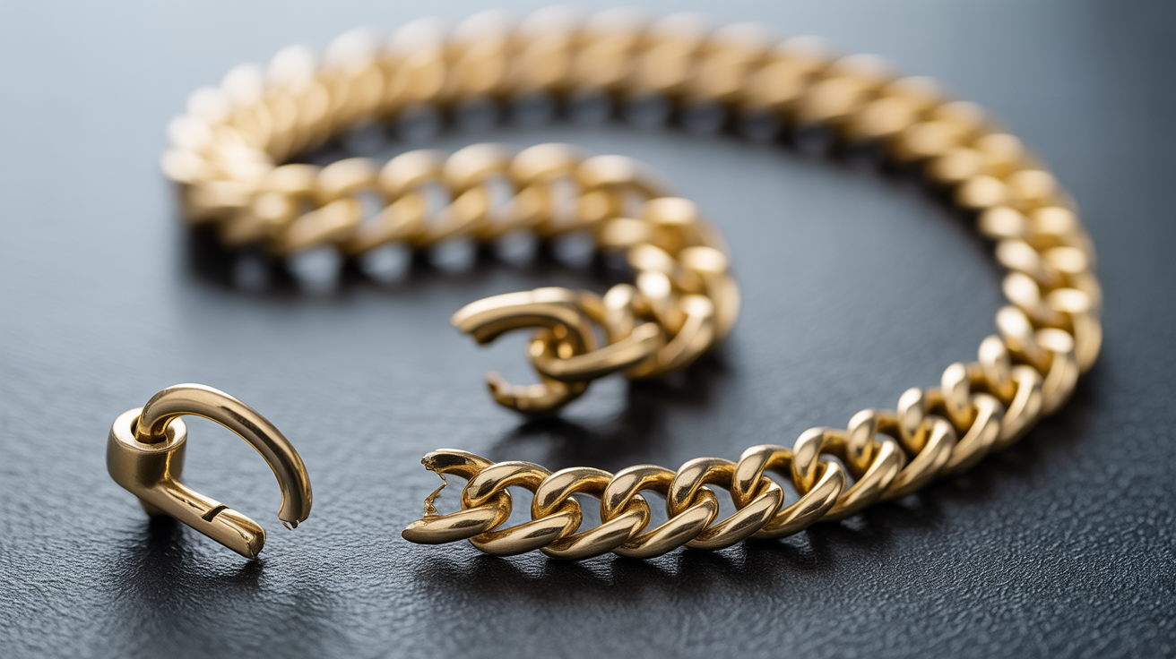 Broken gold chain with missing parts and kinks on a table.