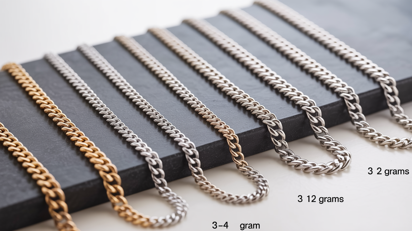 Curb chains of varying weights displayed on a surface under studio lights.