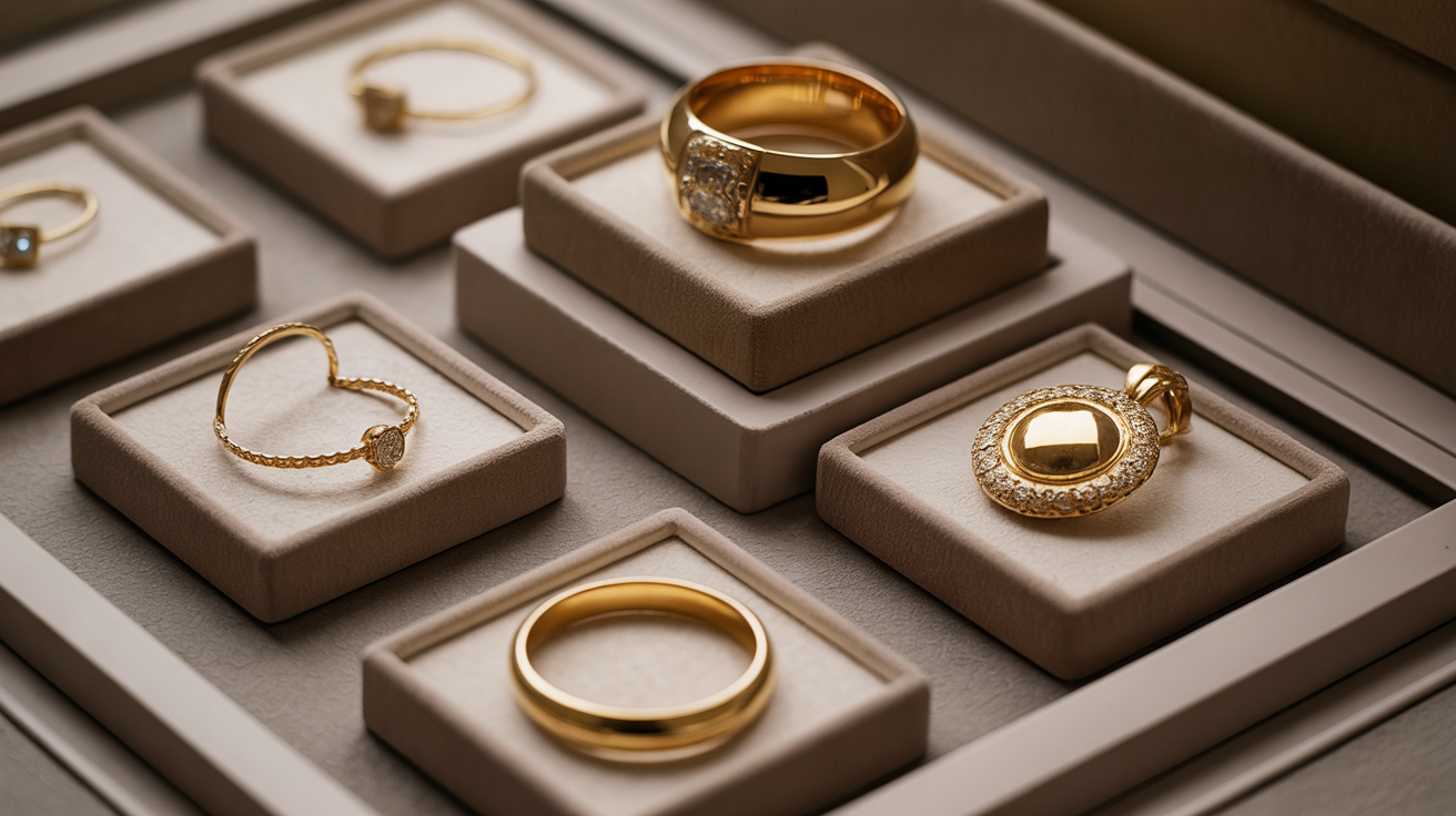 Gold ring, bracelet, and pendant displayed separately.