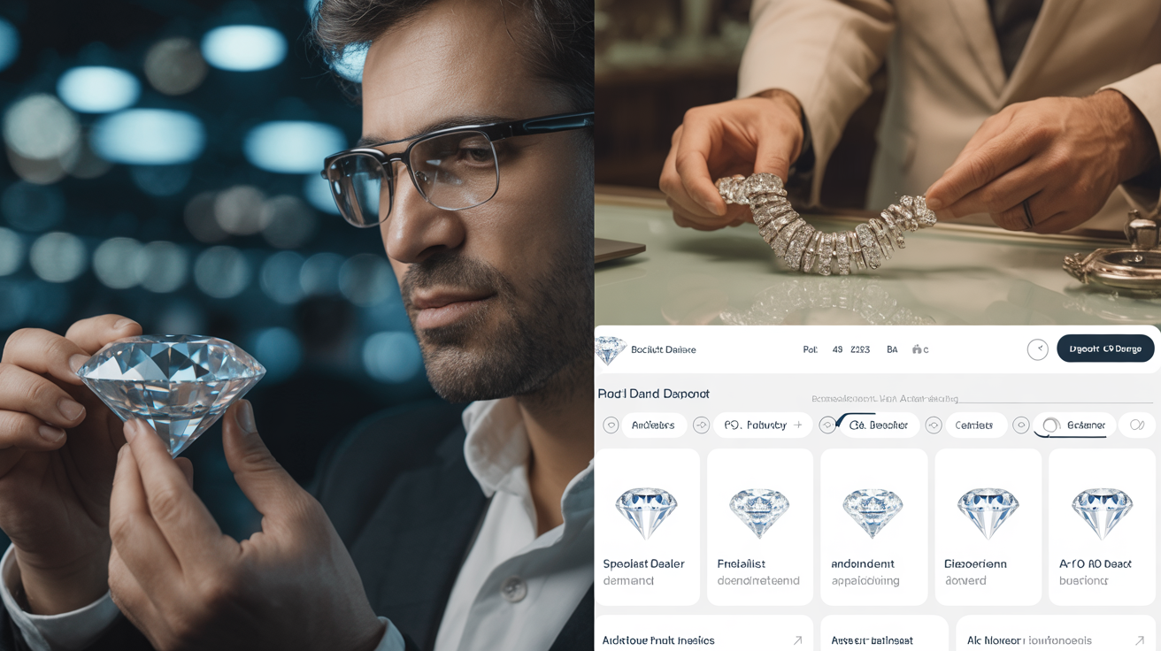 Scenes of diamond buyers: dealer, jeweler, and online platform.