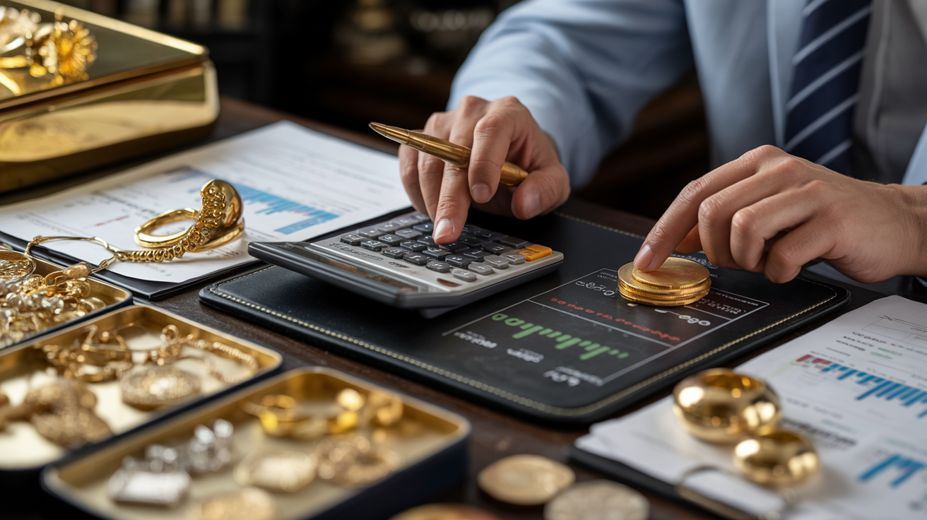Gold seller calculating gold value with a calculator and price chart.