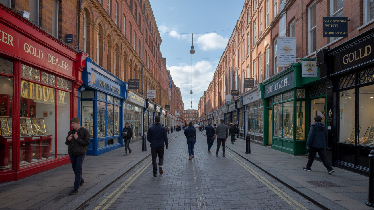 Northern Quarter street with people and gold dealer shops.