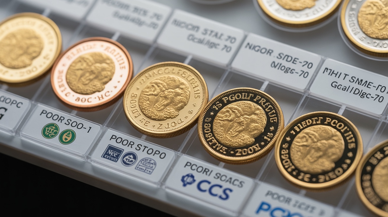 Gold coins labeled with Sheldon scale grades on display.