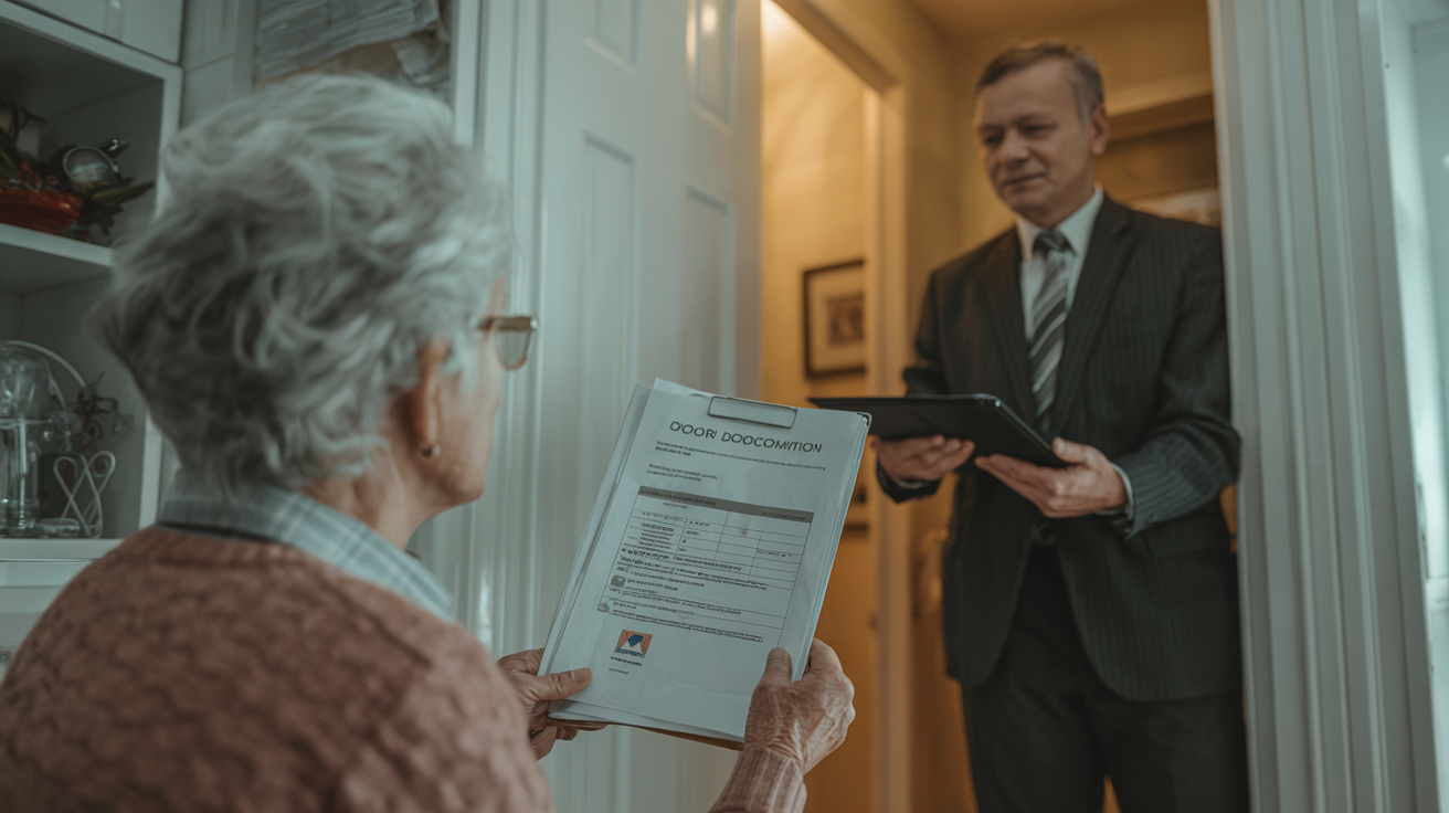 Elderly person approached by scammer with fake documents, soft focus, muted colors.