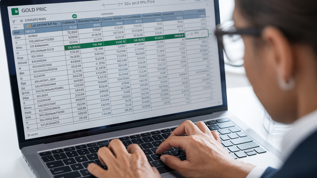 Computer screen displaying gold price calculation spreadsheet in office.