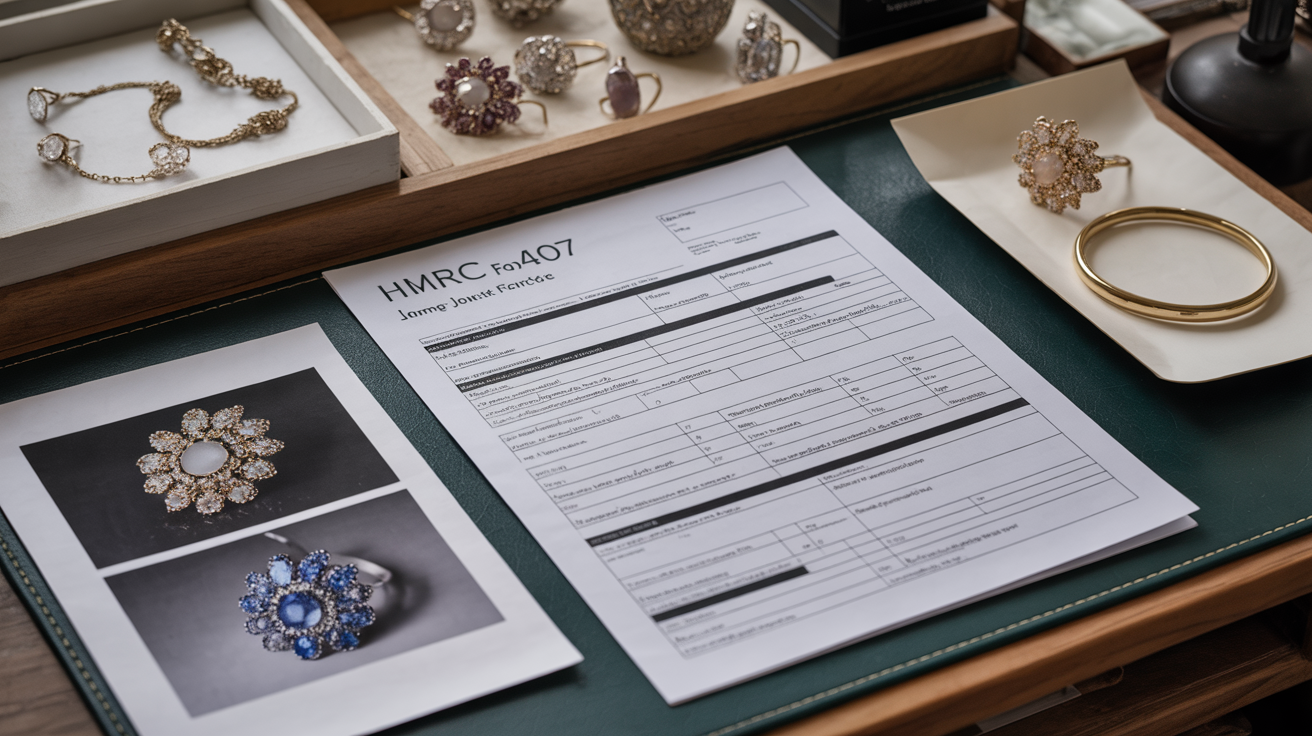 Desk with HMRC Form IHT407 filled with jewellery details.