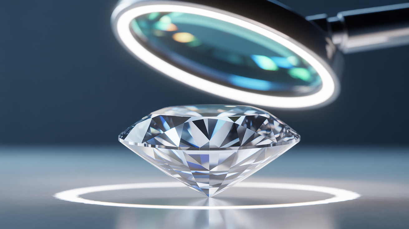 Magnifying glass examining diamond for chips and cracks under bright light.